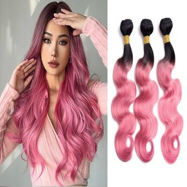 Ombre 1B/Pink Body Wave Bundles Pink Human Hair Bundles Two Tone Black Roots to Pink Bundles Double Weft Brazilian Hair Wet and Wavy Bundles Silky Soft for Black Women 14 16 18 inch