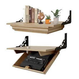 DOLEMODUO Compact Gun Shelf with Hidden Storage, Floating Wall Mount Gun Rack with Automatic Induction Lock, Solid Wood Concealed Furniture for Secure Gun Storage