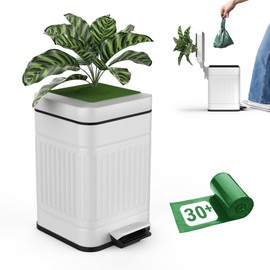 Sliq Small Bathroom Trash Can with Lid, Cute Bedroom 1.3 Gallon Faux Plant Trash Can with Foot Pedal Decorative Small Garbage Bin Metal, White Step Trashcan for Restroom, Office, and Girls Room