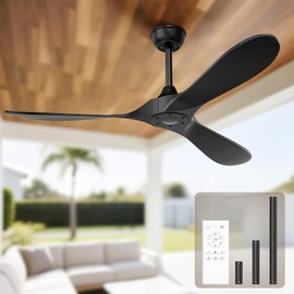 ghicc Black Ceiling Fan No Light, 52 in OutdoorCeiling Fans with Remote Control without Light, 3 Blades, 6 Speed Reversible DC Motor Modern for Patios, Kitchen, Bedroom, Porch (Black)