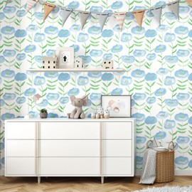 EPPKILY Blue Floral Peel and Stick Wallpaper Nursery Wallpaper Cute Flower Wallpaper Watercolor Wallpaper Blue Floral Contact Paper Self Adhesive Wallpaper for Bedroom Kids Room Wall Decor 17.5"x102"