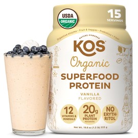KOS Vegan Protein Powder Erythritol Free, Vanilla - USDA Organic Pea Protein Blend, Plant Based Superfood Rich in Vitamins & Minerals - Keto, Dairy Free - Meal Replacement for Women & Men, 15 Servings