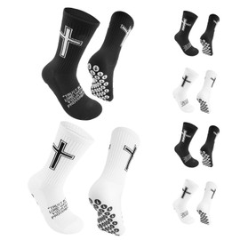 Qoncosy 6 Pairs Christian Soccer Socks,Cross Grip Anti Slip Religious Football Socks with Rubber Dots for Youth and Men