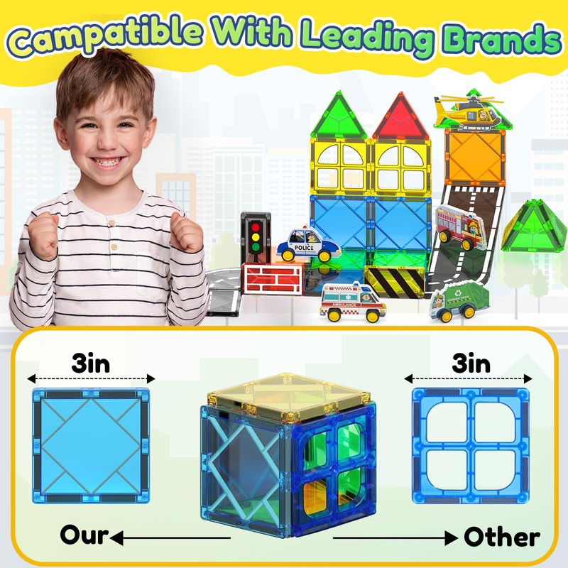 Oriate City Road Set Magnetic Tiles, Rolling Rescue Toy Cars