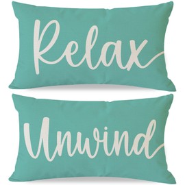 HERHOME Decorative Throw Pillow Covers 12x20 Inch Set of 2 Relax Unwind Turquoise Outdoor Beach Front Porch Patio Decor Lumbar Cushion Case Decoration for Home Sofa Couch Living Room