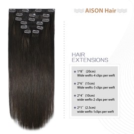 Aison Dark Brown Clip in Hair Extensions Real Human Hair 85G 100% Real Human Hair Clip in Extension Straight for Fashion Women 7pcs 16clips One Pack 18 Inch