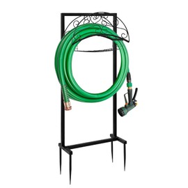 YDY+YQY Heavy Duty Freestanding Garden Hose Reel with Storage Basket - Outdoor Hose Holder, Water Hose Storage Rack & Hanger for Yard, Lawn, Farm - Easy Roll for Outside