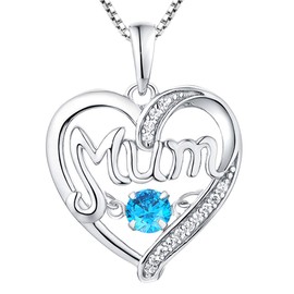 YL Mama Necklace 925 Sterling Silver with 12 Birthstone Heartbeat Zirconia Heart Love Pendant for Women Mother 45-48 cm, Silver, Aquamarine