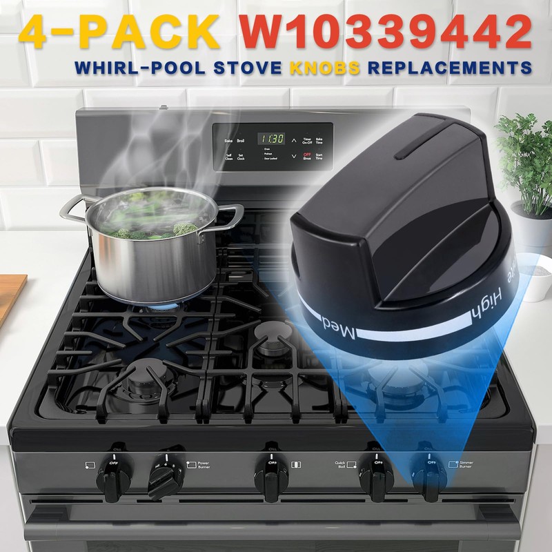 4 Pack W10339442 Whirl-Pool Stove Knobs Replacements, PS11753188 Whirlpool Stove/Gas/Oven