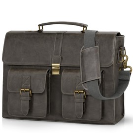 RAINSMORE Mens Messenger Bag 15.6 Inch Leather Vintage Laptop Briefcase Waterproof Computer Laptop Bag Leather Satchel Bag Large Shoulder Bag for Office Work Travel College, Grey