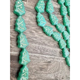 Czech Christmas Trees Beads Czech Glass Opaque Green - Gold Inlay 17x12mm Set Of 25
