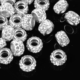Xindojuz 50 PCS Rhinestone Beads for Jewelry Making, 12mm Large Hole European Rondelle Beads, Crystal Charm Spacer Diamond Hair Bead for European Bracelet Snake Chain Charm Necklace DIY Craft (White)