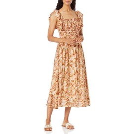 Moon River Women's Ruffle Smocked Shirred midi Dress, Brown Multi, Large