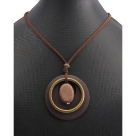 GelConnie Boho Pendant Necklace Chunky Bohemian Necklace Brown Circle Necklace Wooden Boho Long Necklace Circle Leather Pendant for Women