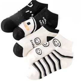 PAOIXEEL Women's Socks, 1 Pair, 100% Cotton, Short Socks, Black, White, Smile Design, For Spring and Summer, Thin, Ankle Socks, Cartoon Pattern, Striped, Casual Socks, Smile Face