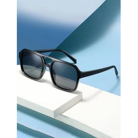 Unisex Vintage Square Frame Sunglasses, Double Bridge Casual Sunglasses for Everyday Use, Fashion Accessories for Outdoor Activities, Girlfriend Gifts, Women:_Black_one-size
