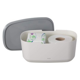 Tiger Tess Storage Box with Lid Organiser for Bathroom, Kitchen & Co., for More Tidy in Bathroom and Guest Toilet, Plastic, Colour: White/Light Grey, W x H x D: 27.1 x 11.8 x 16.7 cm