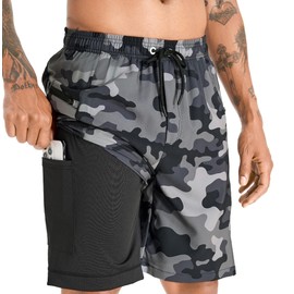 APTRO Swimming Shorts Men Swim Trunks with Compression Liner 2 in 1 Quick Dry Beach Summer 9'' Board Shorts with Zipper Pockets Camouflage Grey MK284 XXL