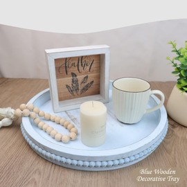 Lnofemin Round Wood Serving Tray with Beads, Blue Washed Wooden Decorative Tray for Entertaining, Decoration, and Gifting