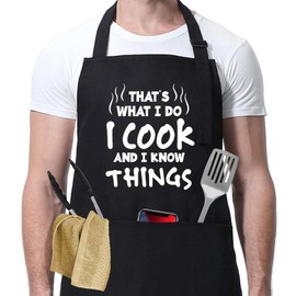 BBQ Apron for Men, I Cook and I Know Things Kitchen Chef Cooking Aprons with 2 Pockets Birthday Grilling Gifts