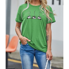 Lailezou Women's Three Cats Pattern Solid Color Printing O-Neck Simple T-Shirt Summer Casual Basic Short-Sleeved top Green
