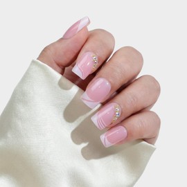 24 Pcs Acrylic Press on Nails, ASONRL Short Medium Square French White Edge Pink Fake Nails with Gold Rhinestones, Glue on Nails Reusable False Nails for Women, French- Gold Diamond Square