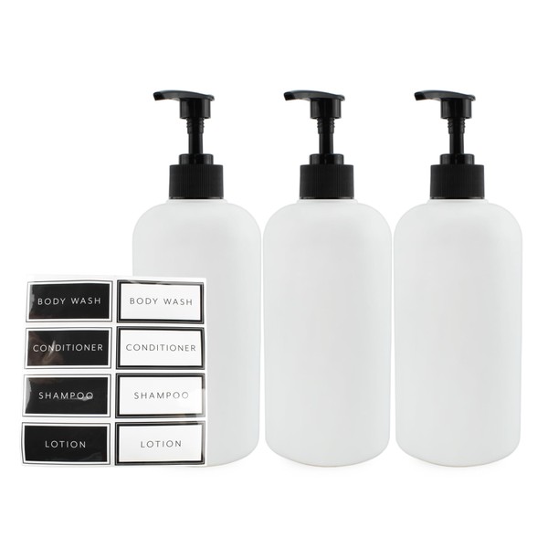 Cornucopia Shower Pump Bottles (Set of 3, White); 16oz Plastic Pump Dispensers for Shampoo, Conditioner, and Body Wash