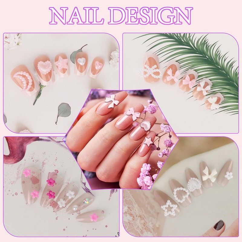 MOTIBACK 3D Nagelschmuck Set, Vielfältige Farben und Motive (Bogen, Herz,