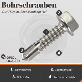Self-drilling screws with hexagonal head and collar (shape K) 4.8 x 25 made of stainless steel A2 V2A (pack of 20) in accordance with DIN 7504 self-tapping screws OPIOL QUALITY®