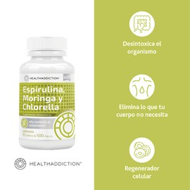 HEALTHADDICTION | Complejo a Base De Espirulina, Chlorella y Moringa Healthaddiction I Suplemento Alimenticio I 90 Tabletas de 500mg c/u. Toma 3 Cápsulas Al Día