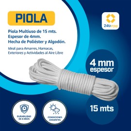 24tarpp SOGA Multiuso 15 MTS - Piola de Amarre Resistente al Sol - Espesor 4mm - Ideal para Amarres, Hamacas, Exteriores y Actividades al Aire Libre - Duración más de 8 años - Blanca 4MM 15Mts