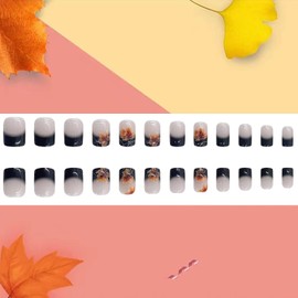 Fall Thanksgiving Press on Nails Short Length Square Maple Leaves False Nails Autumn Black French Stick on Nails Glossy Full Cover Reusable Acrylic Nails Fall Glue on Nails for Women Festival Nails