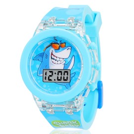 Vspek Cartoon Watch for Boys Children's Digital Watch Children's Watch Male with Date Stopwatch Lights for 3-10 Years Child Electronic Toddler Watch, Blue Shark, Modern, digital, youthful, playful