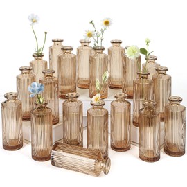 Glass Bud Vases Set of 20, Living Bud Vases, Small Bud Vase in Bulk, Mini Flowers Vases for Centerpiece, Vintage Decorative Vase Set for Table Decorations, Wedding Reception, Home Decor (Amber)