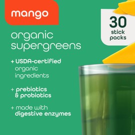 Zena Nutrition Organic Super Greens Powder, 70+ Superfoods, 0 Sugar, 3G Fiber, Spirulina, Chlorella, Antioxidants, Prebiotics/Probiotics, Digestive Enzymes, Mango, 30 Drink Mix Packets