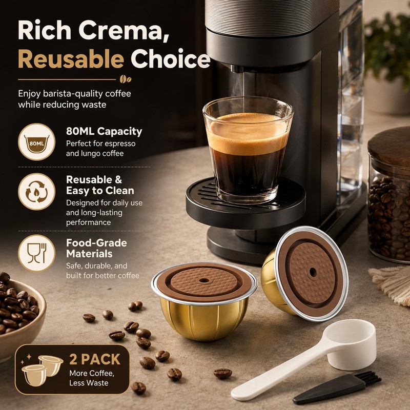 G1 80ml Aluminum Reusable Coffee Pods, 2-Pack with 2 Brown