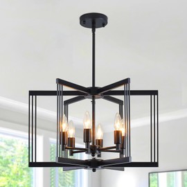 LASENCHOO Modern Black Chandelier for Dining Room Light Fixture, 6 Lights Geometric Pendant Lights Kitchen Island, Industrial Metal Chandeliers for Entryway Kitchen Living Room Foyer Lighting Fixtures