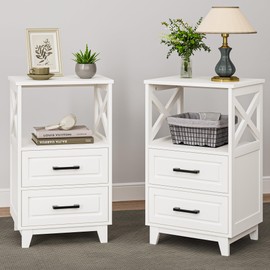 May in Color Tall Nightstand Set of 2, Bedside Table with X Shaped Design, Wooden Rustic End Table with 2 Large Storage Drawers Cabinet for Bedroom, Living Room, White