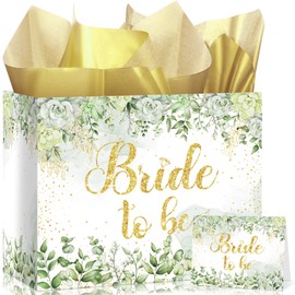 Bride Gift Bag Sage Green Bridal Shower Gift Bags with Cards Tissue Paper Large Bridal Gift Wrapping Bag Bachelorette Engagement Wedding Shower Gift Bag for Sage Green Bride to Be Party Decoration