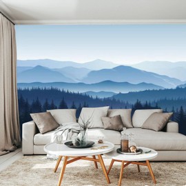 Modern 3D Removable Wallpaper Self-Adhesive Blue Misty Landscape Silhouettes Mountains Hills Trees Wall Murals Peel and Stick Wall Stickers for Living Room Bedroom Wall Decor