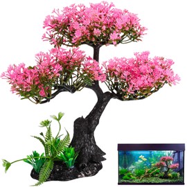 Aquarium Tree Plants Decorations, Artificial Cherry Blossom Tree Grass Set Plastic Plants for Fish Tank Accessories, Fish Tank Decorations