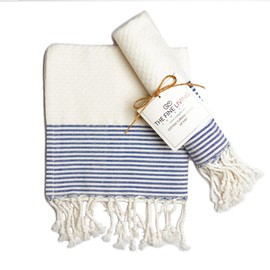 The Fine Living Co. Turkish Hand Towels - Set of 2 | 100% Cotton - Kitchen and Bathroom Hand Towels | Decorative Hand Towels for Bath, Guest, Face, Hair, Tea, Dishcloth | 40”x18” (White & Blue)