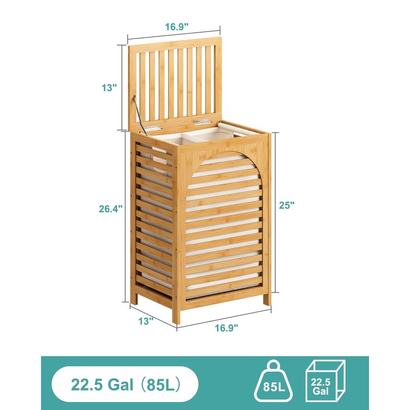 Laundry Hamper, 22.5 Gallon (85L) Bamboo Wood Clothes Laundry Basket