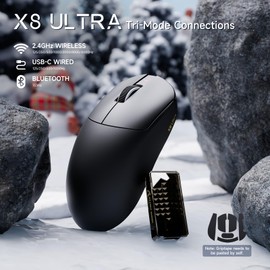 ATTACK SHARK X8ULTRA Wireless Gaming Mouse, 42000 DPI PAW3950MAX Sensor, 8000Hz Optical Nordic 52840 Tri-Mode 2.4G/BT/Wired, 55g Lightweight Big Hand Ergonomic Mouse with Coiled Cable-Black&Tape