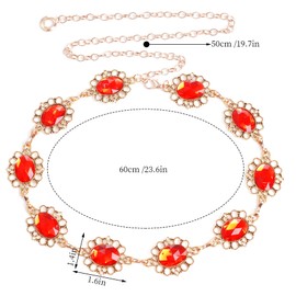 Topbuti Women Metal Western Waist Chain Belt Red Gems Diamond Country Link Chain Belt for Dresses Jeans