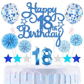 18th Geburtstag Kuchen Dekoration Kuchen Toppers Zahl Kerzen Birthday Torten Dekoration Sternen Papierfächer Ballon Torte Toppers Kuchendeko für 18. Geburtstag Dekorationen Party Zubehör, Blau