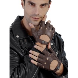 GSG Mens Fingerless Leather Gloves Driving Cycling Motorcycle Half Gloves Unlined 10.5 Tan