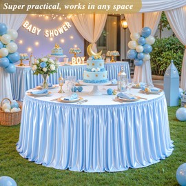 6Ft Baby Blue Satin Table Skirt for Rectangle or Round Tables, Wrinkle-Free & Ruffle Pleated Teacher Desk Skirt Sparkly Spandex Table Skirting for Home Office & Kitchen, Trade Shows, Wedding Party