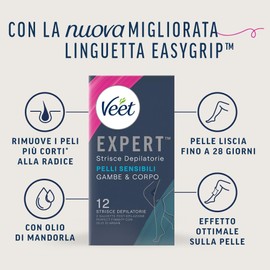 Veet Expert 36 Strisce Depilatorie Gambe e Corpo, Ceretta per Pelli Sensibili con Olio di Mandorla, Dermatologicamente Testate, 3 confezioni da 12 strisce