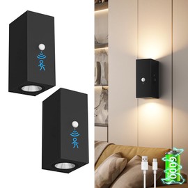 Black Battery Operated Wall Sconces 2 Packs with Motion Sensor, Rechargeable Black LED Wall Lighting, Wireless Indoor Aluminum Wall Lights for Living Room, Hallway, Bedroom
